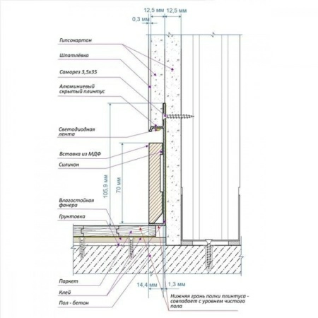 Алюминиевый профиль скрытого плинтуса с полкой анодированный