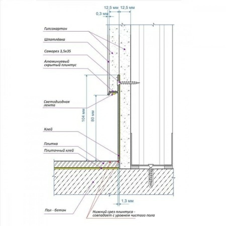Алюминиевый профиль скрытого плинтуса без полки белый муар