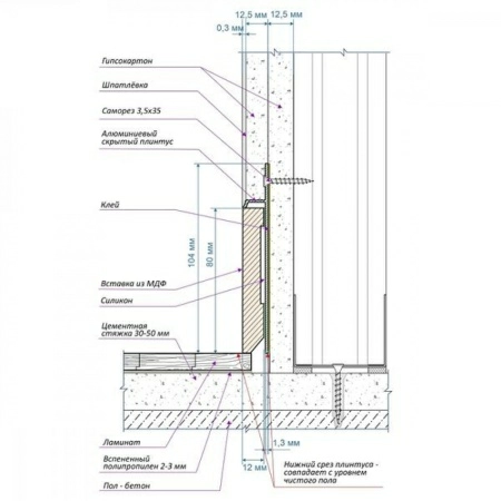 Алюминиевый профиль скрытого плинтуса без полки не анодированный
