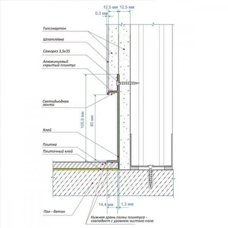 Алюминиевый профиль скрытого плинтуса с полкой анодированный