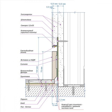 Алюминиевый профиль скрытого плинтуса без полки чёрный